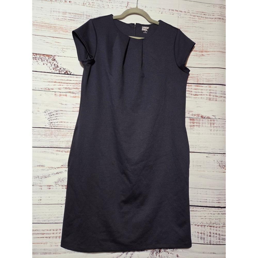 Lands End Womens Navy Blue Pleated Neck Ponte Sheath Dress with Pockets Size 10